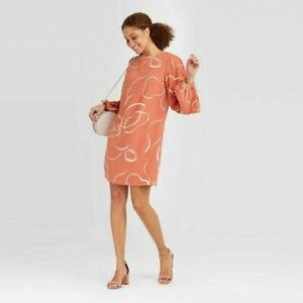 Balloon Sleeve Coral Floral Print Midi Dress